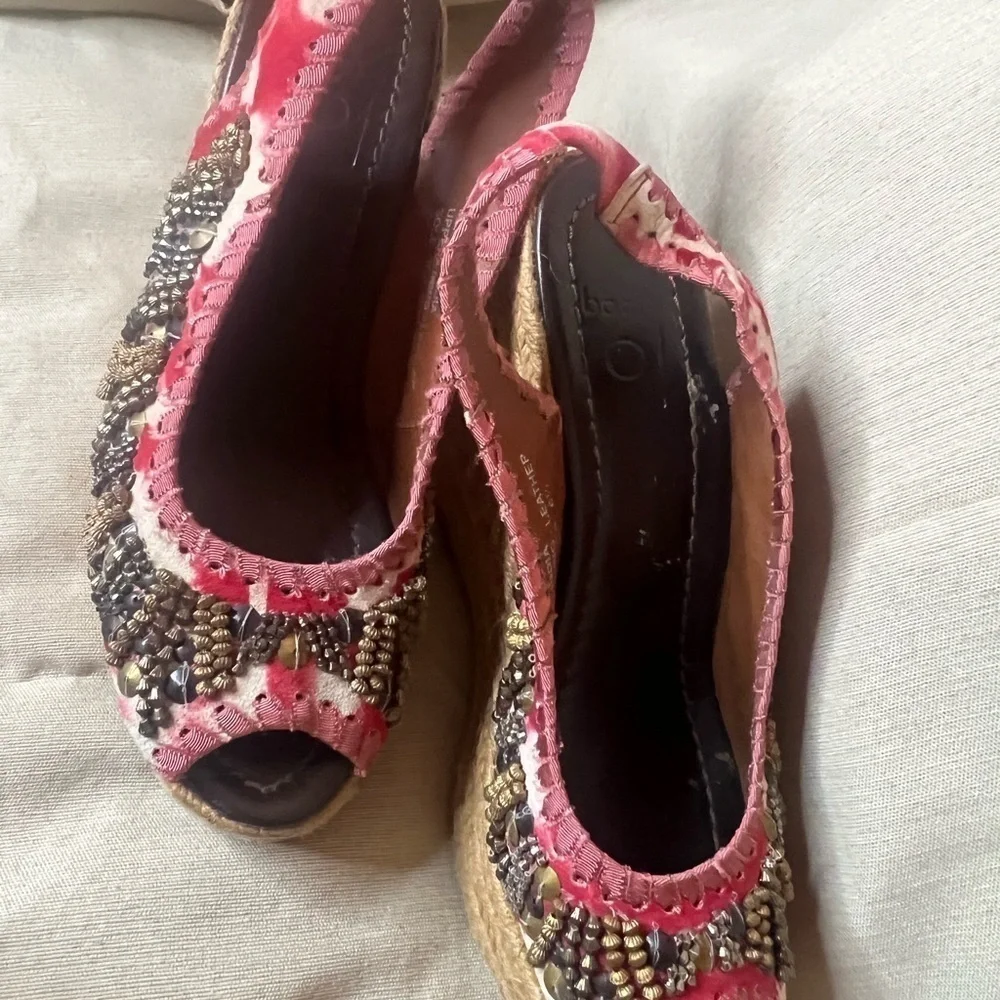 Bacio 61 Floral Beaded Wedge Peep-toe Slingback Espadrilles::EUC::Summer Staple